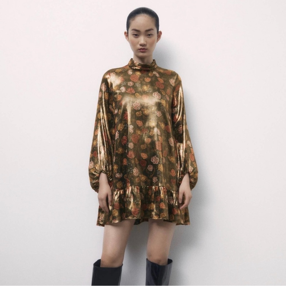 Zara 💛🤎💛 Gold Shiny Printed Dress - Sz Medium- NWT